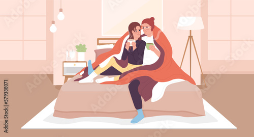 Cuddling to stay warm without electricity flat color vector illustration. Couple hugs. Power outage. Hero image. Fully editable 2D simple cartoon characters with cozy bedroom interior on background