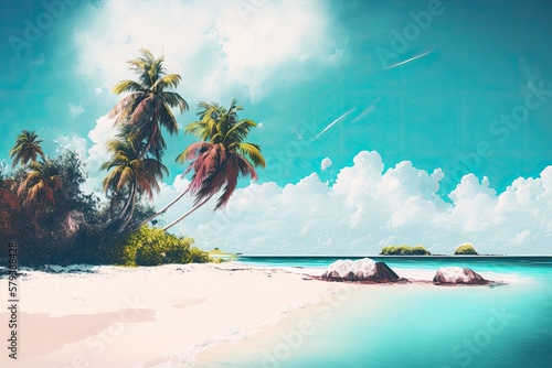 image of a tropical island beach and hazy blue sky. Generative AI