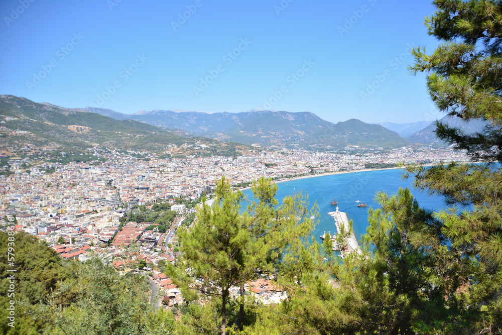 A view to the waterfront and port in Alanya from the mountain