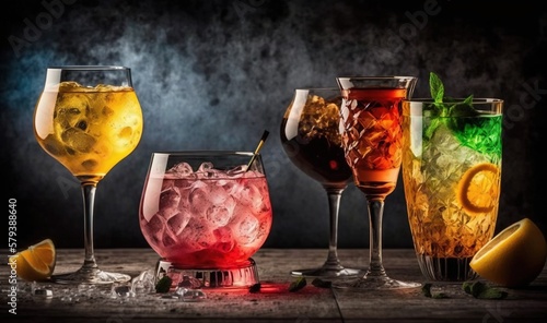  a group of glasses filled with different types of drinks and garnishes.  generative ai