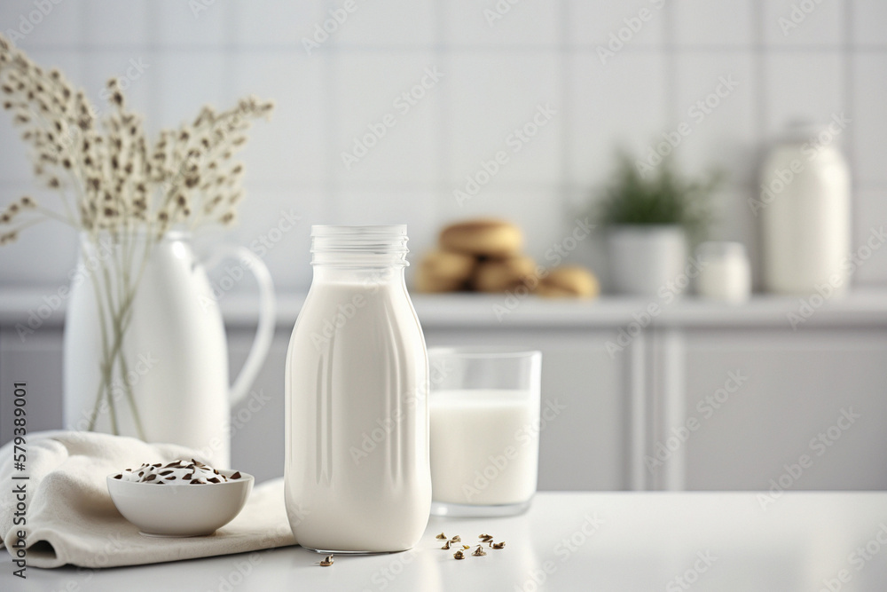 Vegan flax milk on a white table in modern kitchen interior with copy space. Generative AI Vegan flax milk on a white table in modern kitchen interior with copy space. Generative AI