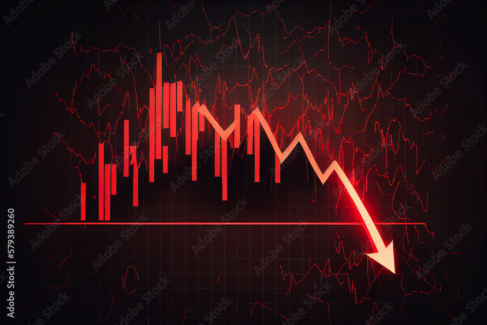 Stock Explotion Graph financial market graph chart going down trend Red arrow down with fire ...