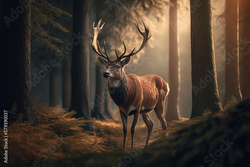 Fotobehang Noble horned deer in the forest at dawn