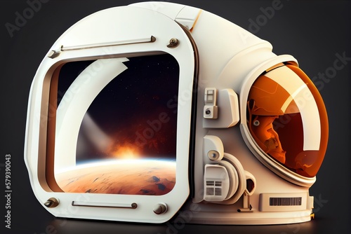 Astronaut helmet, realistic astronaut helmet with clear glass for space exploration and flight in cosmos. White suit part for protection spaceman head. Generative AI