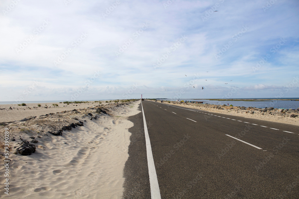 Dhanushkodi Raod on the tip of Pamban island, separated from the mainland by the Palk Strait, Tamilnadu, India Dhanushkodi Raod on the tip of Pamban island, separated from the mainland by the Palk Strait, Tamilnadu, India