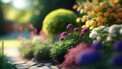 Realistic colorful spring flowers with de-focused and blurred background, Generative AI