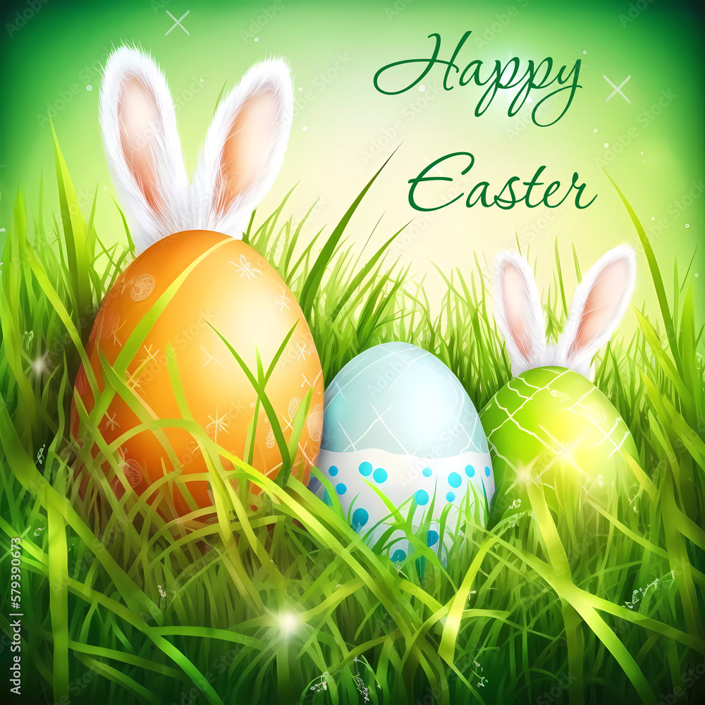 colored eggs in green grass, rabbit ears. Happy Easter inscription. Easter eggs. Copy space. generative AI