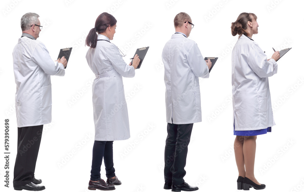 group of doctors standing with their backs isolated on white group of doctors standing with their backs isolated on white