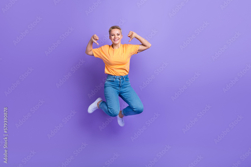 Full size portrait of excited crazy girl jumping point fingers self herself isolated on purple color background