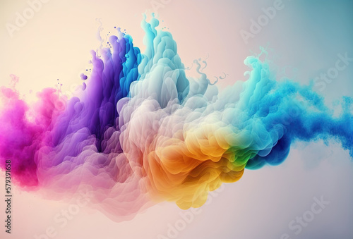 Clubs of multicolored neon smoke, ink. An explosion, a burst of holi paint. Abstract psychedelic pastel light background. 3D rendering. AI generated.