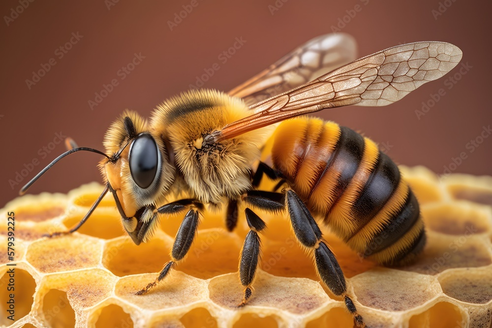 image of a marked queen bee perched on a honey colored honeycomb. Female moths have visible eyes and paws on their wings. Beehive throne monarch. Generative AI image of a marked queen bee perched on a honey colored honeycomb. Female moths have visible eyes and paws on their wings. Beehive throne monarch. Generative AI