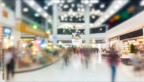 Blurred and unfocused shopping center mall background, Generative AI