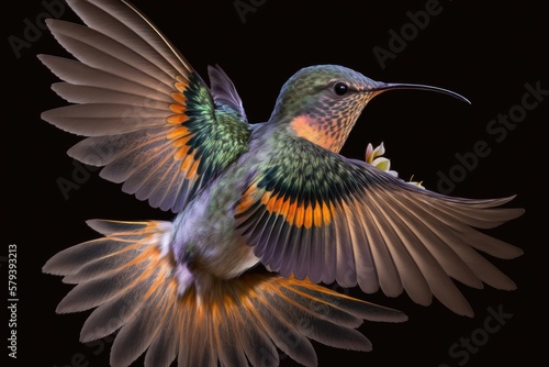 Hovering with her orange tail fanned and her wings open, this female Black throated Mango hummingbird, Anthracothorax nigricollis, strikes a striking position. Generative AI © 2rogan
