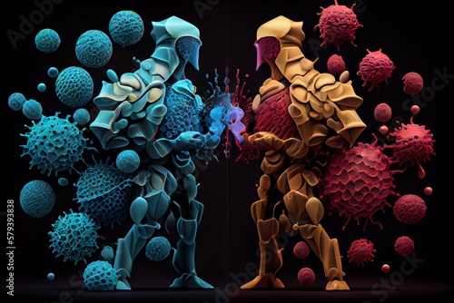 Illustration of human immune system with colorful cells antibodies and viruses showing battle between defenses and invading pathogens, concept of Immunity, created with technology. Generative AI photo
