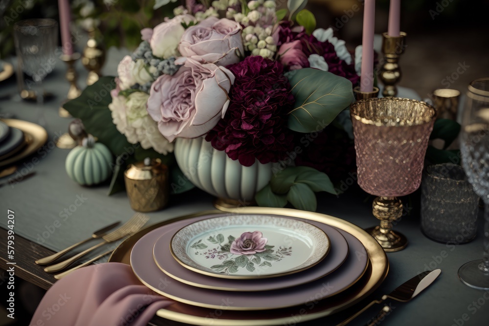 Exquisite Table Setting with Beautiful Flowers for a Lavish Wedding Celebration, Generative AI.