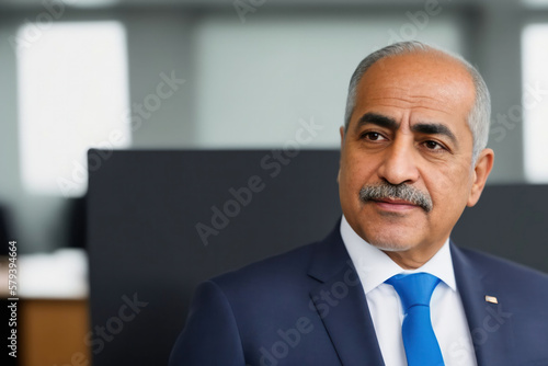 Candid portrait of a mature confident male middle eastern business executive in a modern office, generative ai