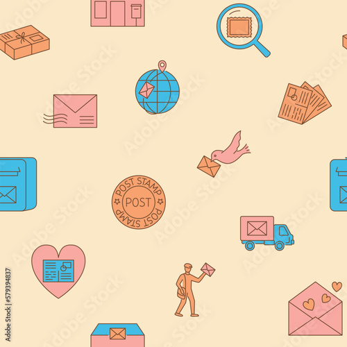 Postcrossing seamless pattern in colored line style