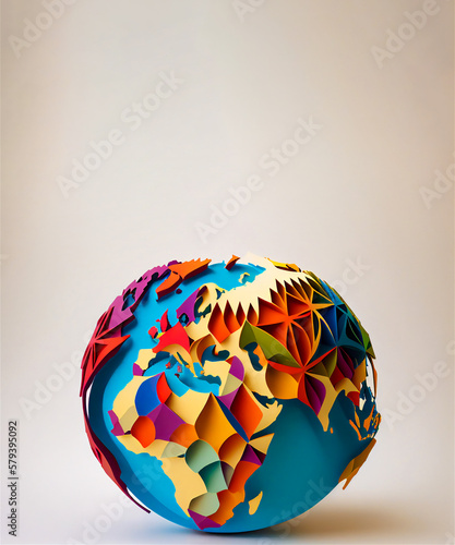 Fototapeta Naklejka Na Ścianę i Meble -  Earth day world globe map paper, fragile environment concept, vertical poster with copy space, pastel pink background color. Generative AI illustration