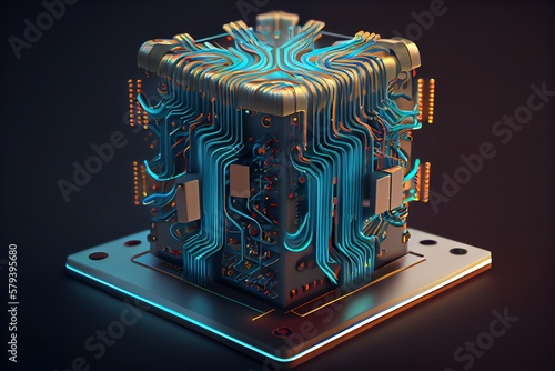 Neuroprocessor. An abstract 3D illustration of a chip processor with bioluminescent elements, representing the intersection of artificial intelligence and neural networks. Generative AI photo