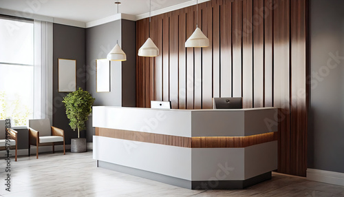 Reception counter lobby area interior design in white and wood style. Generative AI