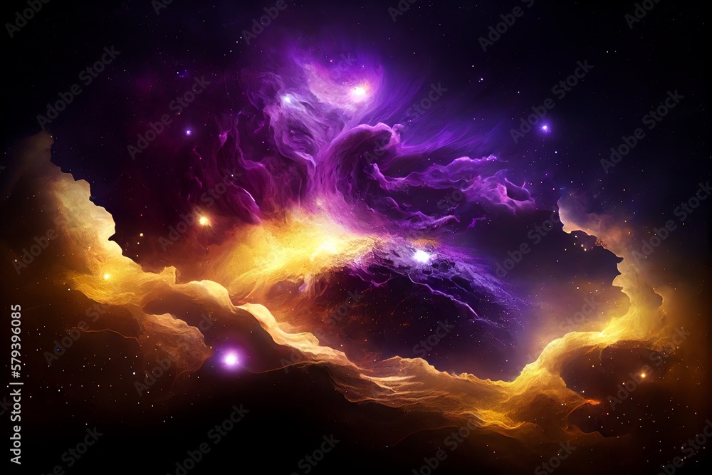 Fototapeta premium Purple and gold nebula with stars. Fantasy galaxy background. Generative AI