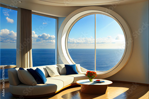 Lounge area on a cruise ship. Sea view behind the large panoramic windows of the tourist ship. Expensive, luxury cruise concept.