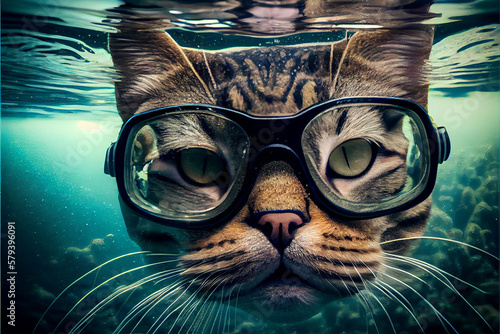 The cat is scuba diving. Snorkeling cat.
