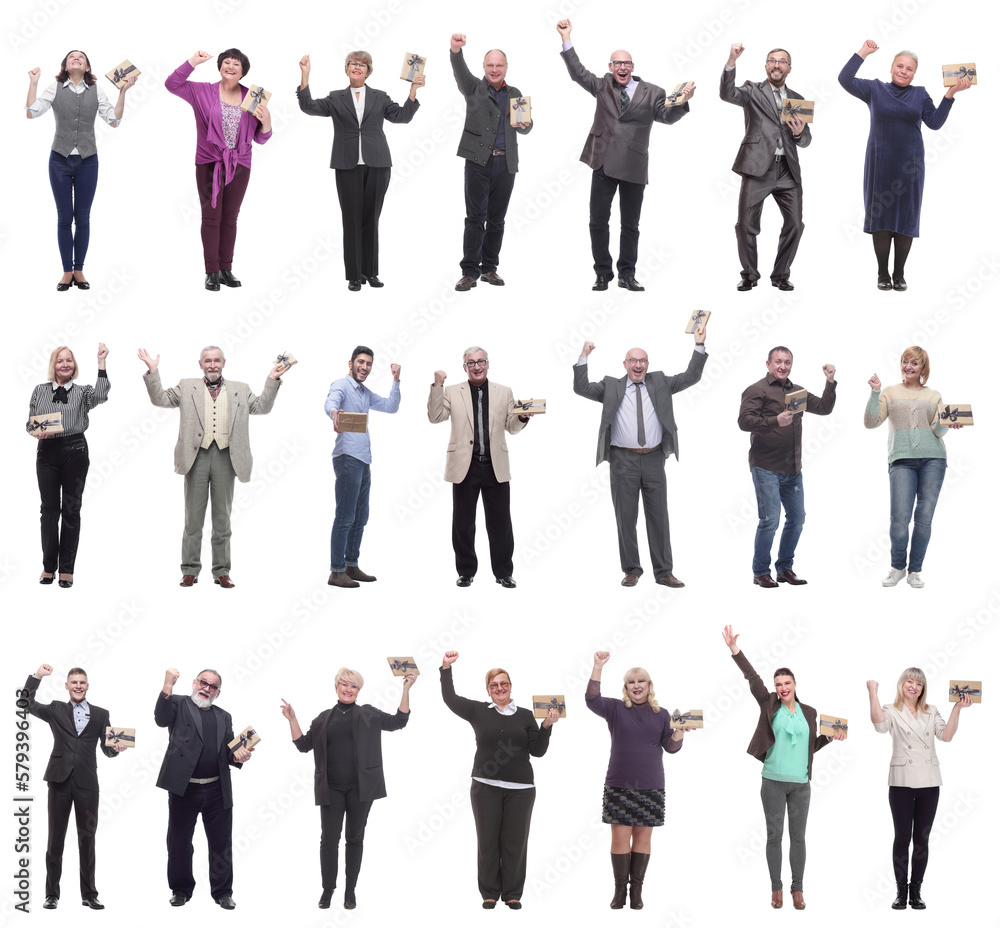 group of happy people with gifts in their hands isolated