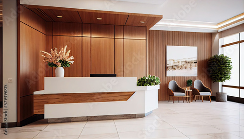 Reception counter lobby area interior design in white and wood style. Generative AI