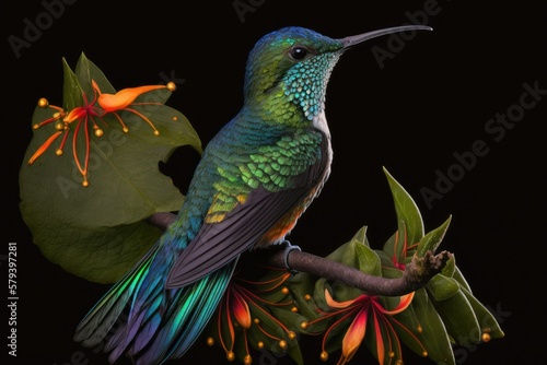 This hummingbird, known as a collared inca (Coeligena torquata), can be found in the humid Andean woods of western Venezuela, Colombia, Ecuador, Peru, and Bolivia. Generative AI photo