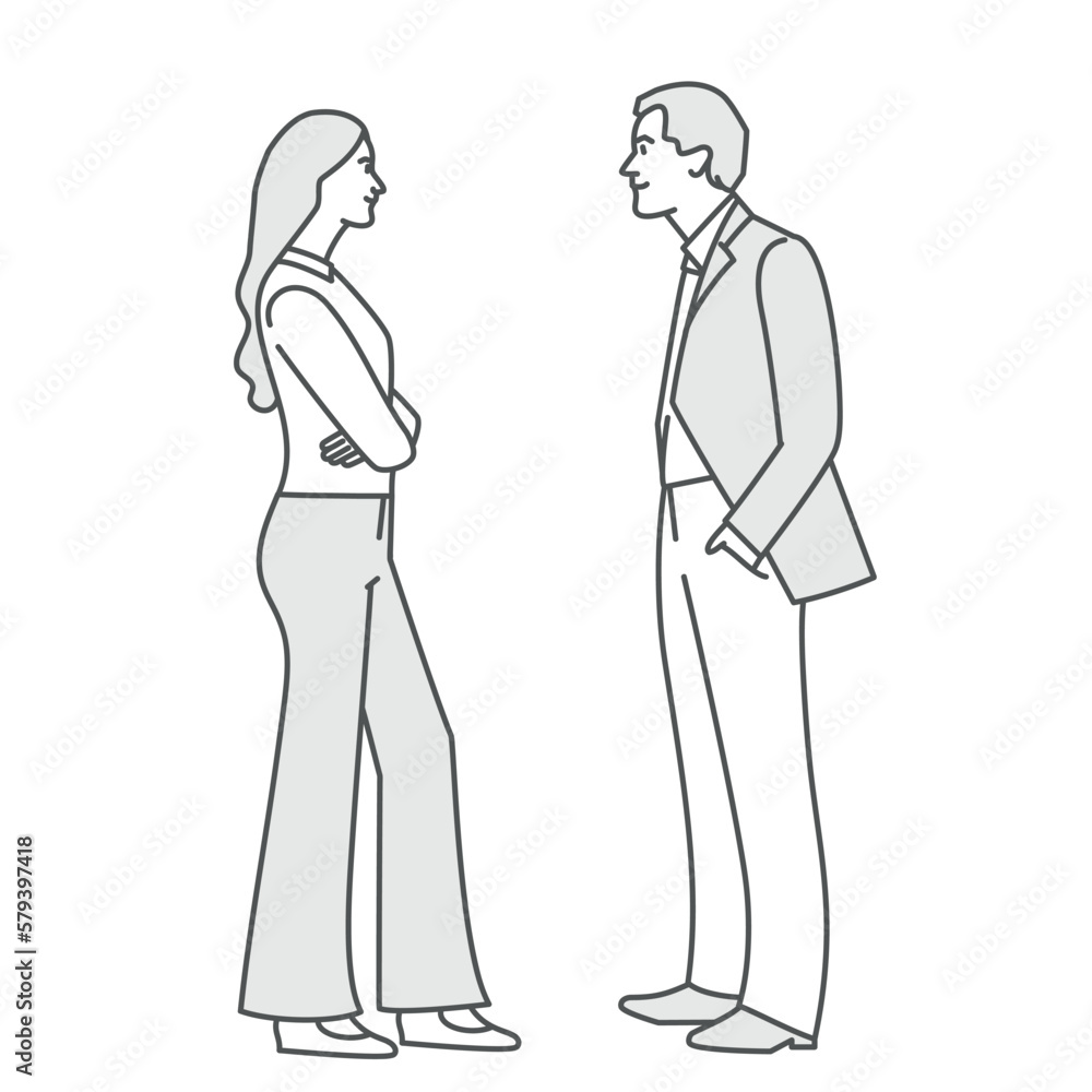 Man and woman are standing facing each other and looking at each other. Man and woman are standing facing each other and looking at each other.