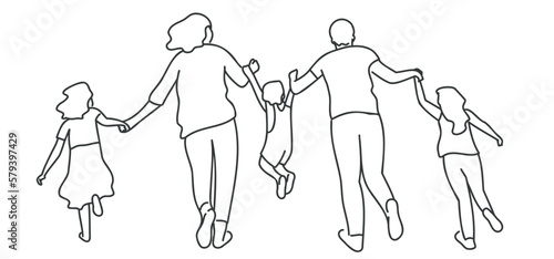 Running family hold hands.