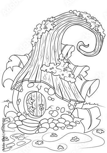 Coloring book for children. Fairy tale house of gnomes. The task for children can be used in a book or magazine