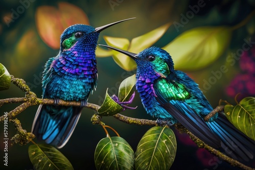 Beautifully colorful Blue vented Hummingbirds, or Saucerottia hoffmanni, can be seen in the gardens and forests of Costa Rica in Central America. Generative AI photo