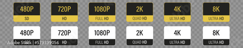 Screen display resolution. 480p sd, 720p hd , 1080p fhd, 2k quad hd, 4K ultra hd, 8k ultra hd, collection icons. Vector illustration