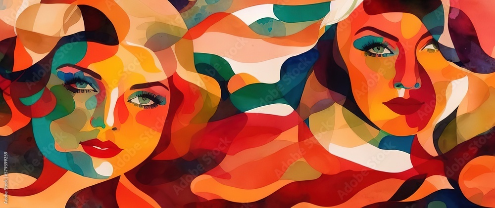 Watercolor texture with spots of various images, faces of a girl, generative AI. Watercolor texture with spots of various images, faces of a girl, generative AI.
