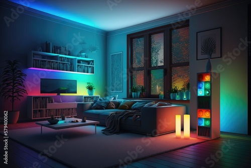 A smart home with a colorful LED lit living room. Generative AI