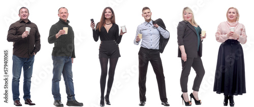 collage people holding coffee in hands isolated on white