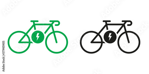 Electric Bike, Ecological Transport on Electronic Energy Green and Black Glyph Pictogram Set. Eco Hybrid Bicycle Icons. Ebike Sign. Ecology Electro Power Silhouette Icon. Isolated Vector Illustration