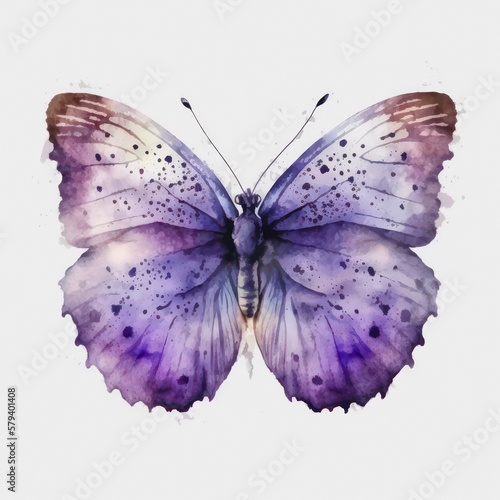 Beautiful purple butterfly, top view. Watercolor illustration of a violet butterfly isolated on white background. Generative AI art. © Hanna