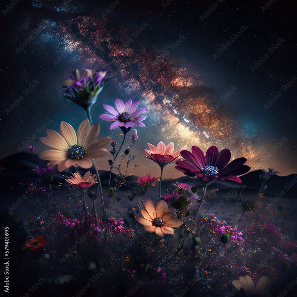 Stars made from dust over colorful flowers in plains. Generative ai Stars made from dust over colorful flowers in plains. Generative ai