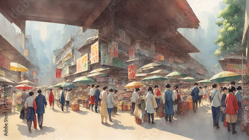 The atmosphere of the morning wet market is drawn using medium water color. People visit here to get supplies of raw materials. Temporary stalls and covered with umbrellas.