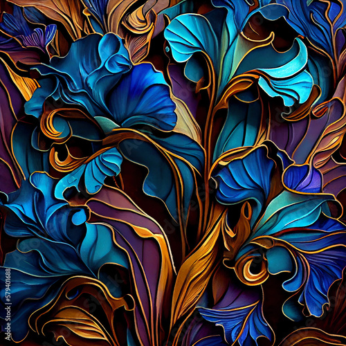 Irises in Art Nouveau style. Imitation of an old stained glass window