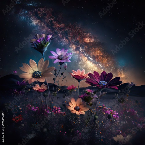 Stars made from dust over colorful flowers in plains. Generative ai