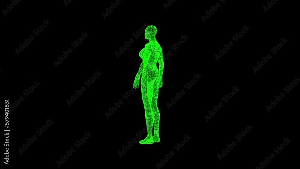 3D female figure rotates on black bg. Object dissolved green flickering particles 60 FPS. Business advertising backdrop. Science concept. For title, text, presentation. 3D animation. 3D female figure rotates on black bg. Object dissolved green flickering particles 60 FPS. Business advertising backdrop. Science concept. For title, text, presentation. 3D animation.