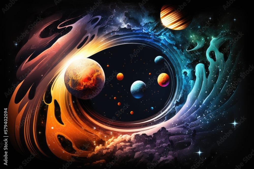 Two dimensional image. Originating from the depths of interstellar space. Stars, planets, moons, and comets all shine brightly. Backgrounds for a variety of science fiction scenarios. Artistry in oute