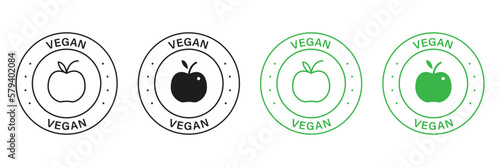 Vegan Green and Black Stamp Set. Vegetarian Food Labels. Organic Product for Vegan Symbol. Natural Food for Vegetarian Sign. Bio Healthy Fresh Vegetable. Vegan Badge. Isolated Vector Illustration