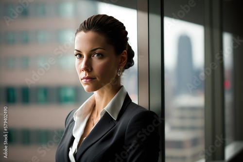 Portrait of beautiful smart business woman in suit in office, AI generated