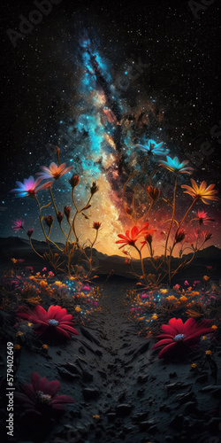 Dark stunning night  stars and dust surround colorful flowers in fantasy plains.