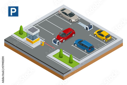 Isometric robot valet parking cars. Outdoor valet parking robot. Automated parking systems for cars Self-driving forklift. Automated parking system. photo